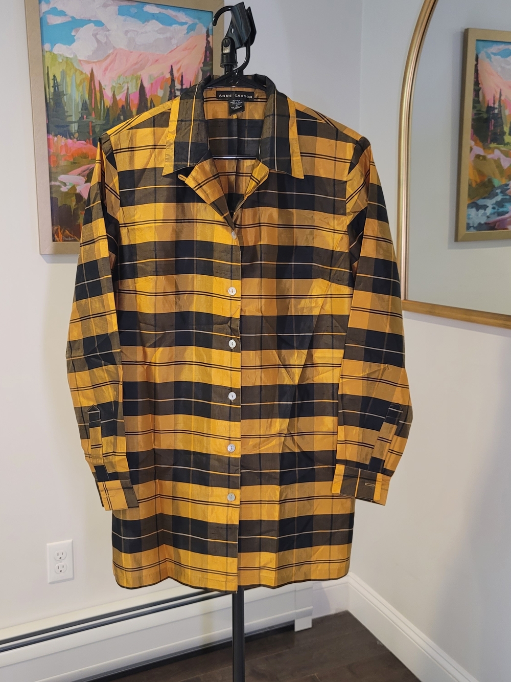 ANNE CARSON 100% Silk Plaid Long Sleeve Button Up Shirt Women's Size M